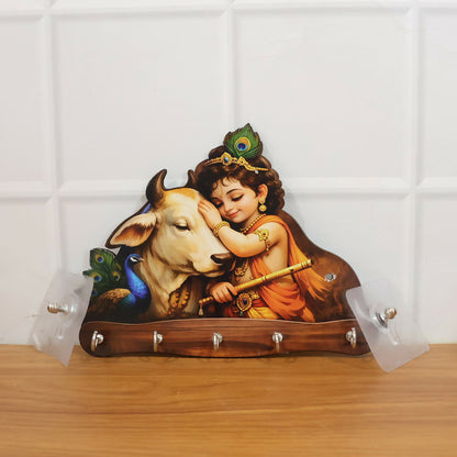 Baby Krishna with Cow Wooden Wall Key Holder detailed design