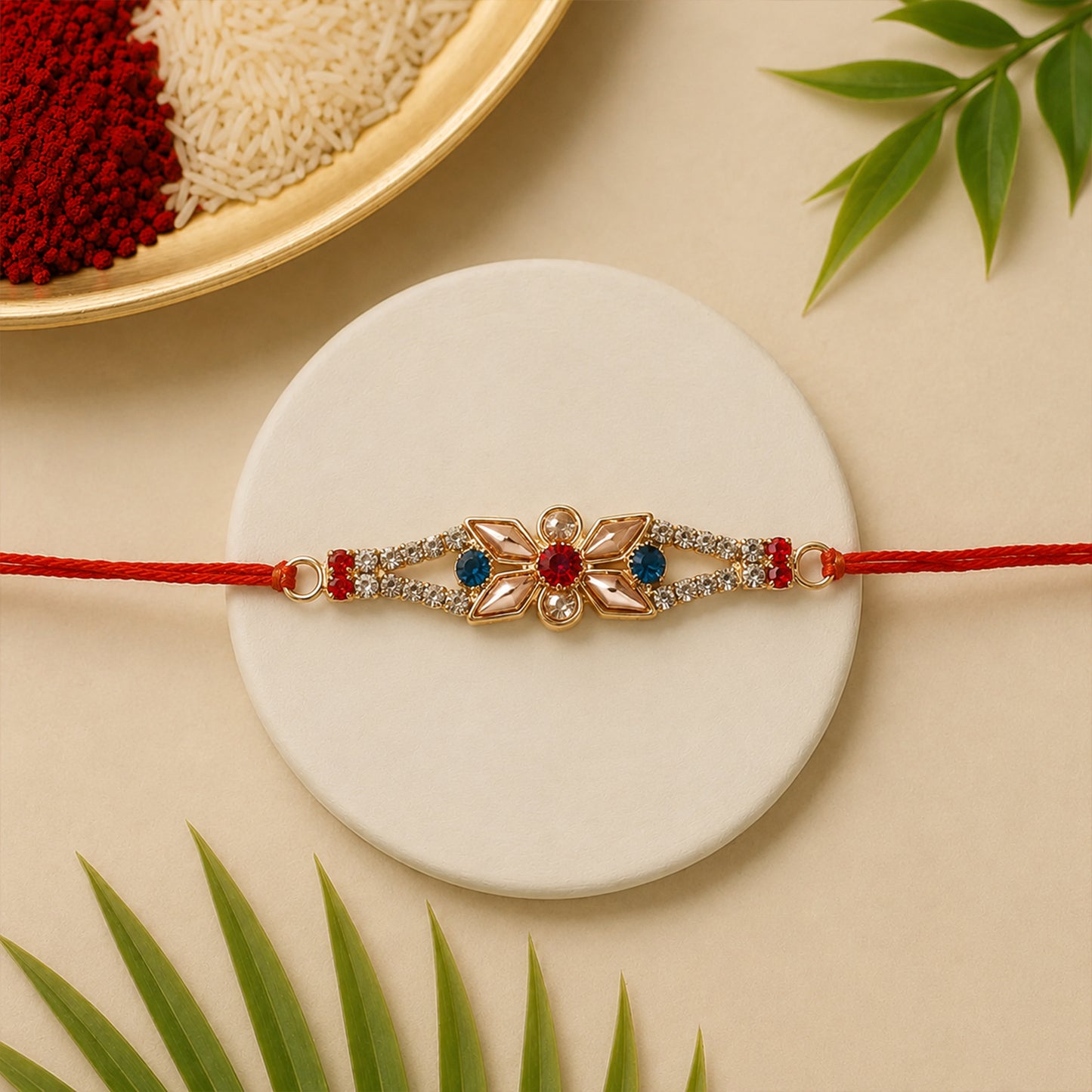 Red White Floral Rakhi with Triple Stone Center and Clean Finish
