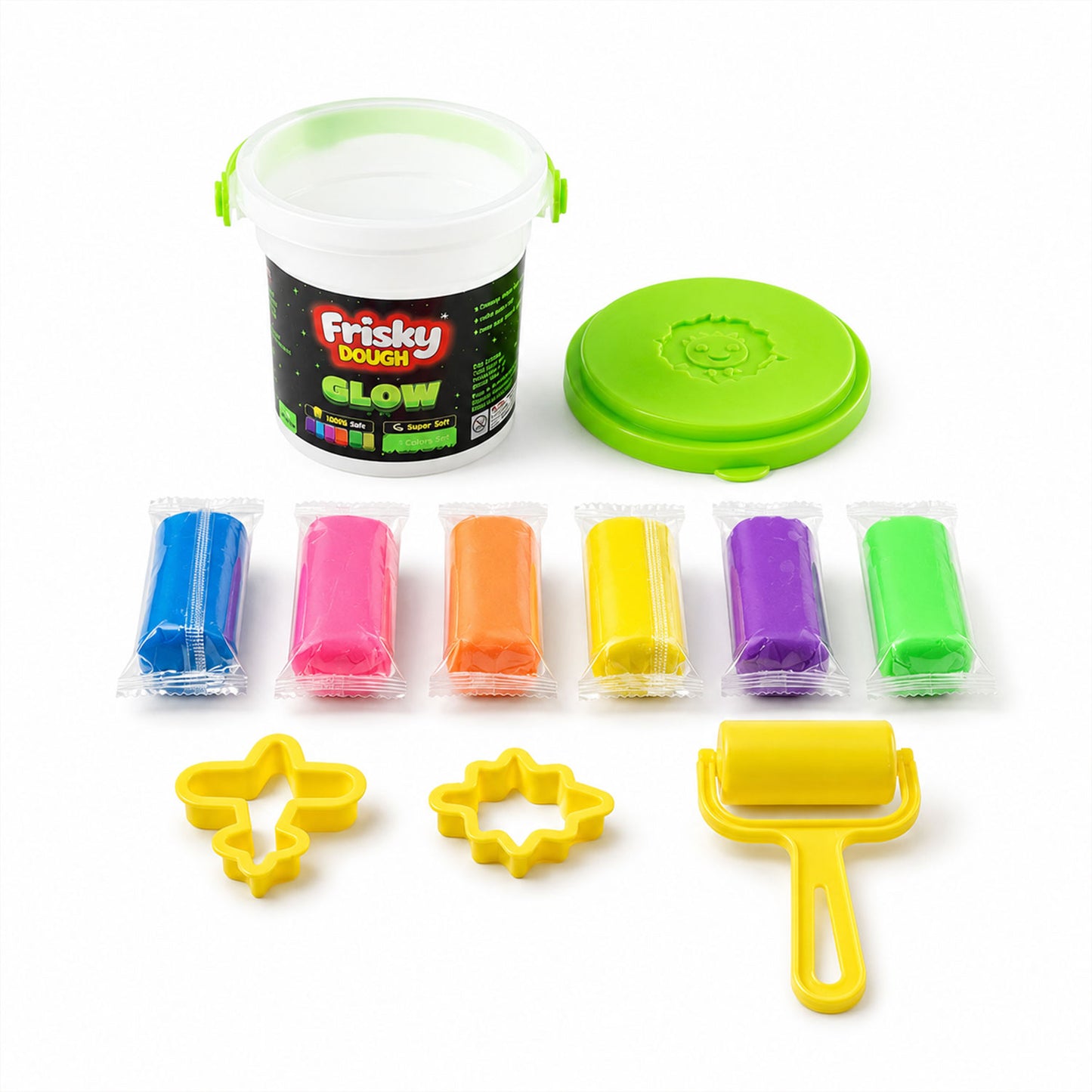 Glow Play Dough Bucket Set 120g with 6 Colour Doughs, Shape Molds & Roller for Kids