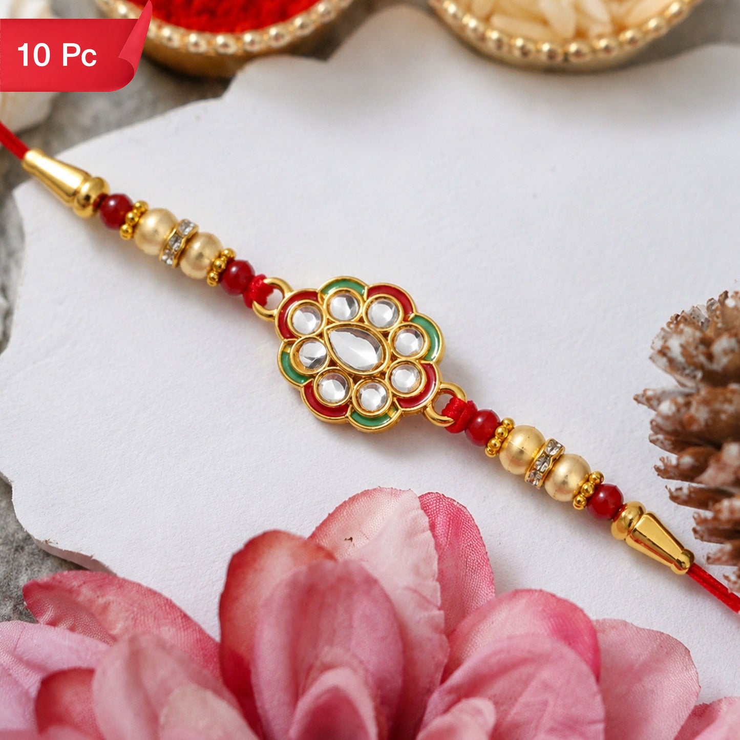 Kundan Work Floral Rakhi Elegant Traditional Raksha Bandhan Gift (10pcs)