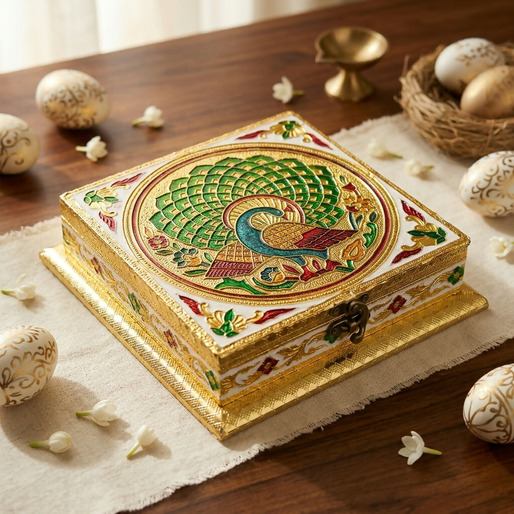 Side view of square handcrafted golden jewelry box
