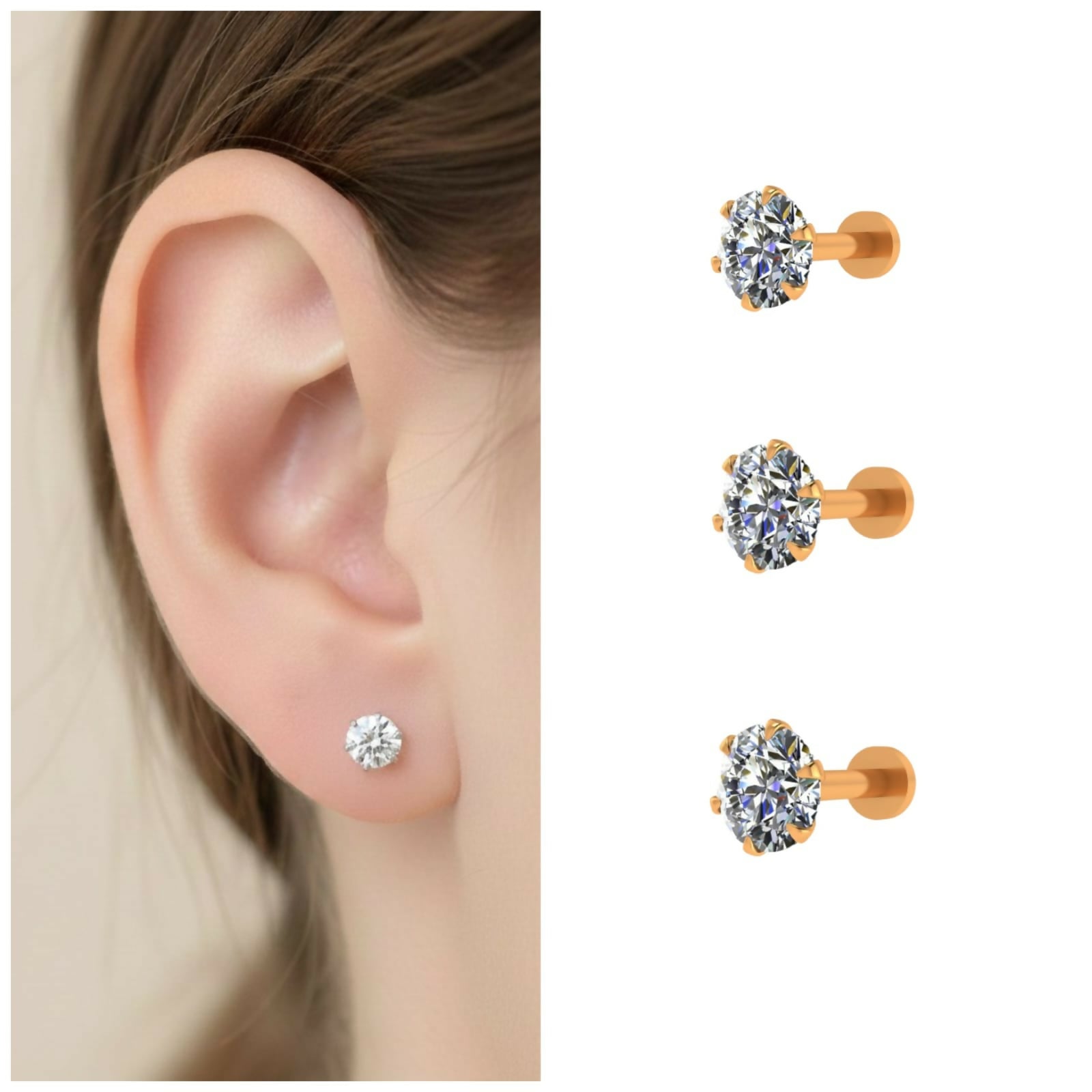 Gold Round AD Flat Back Stud Earrings for women and girls Combo Pack of 3