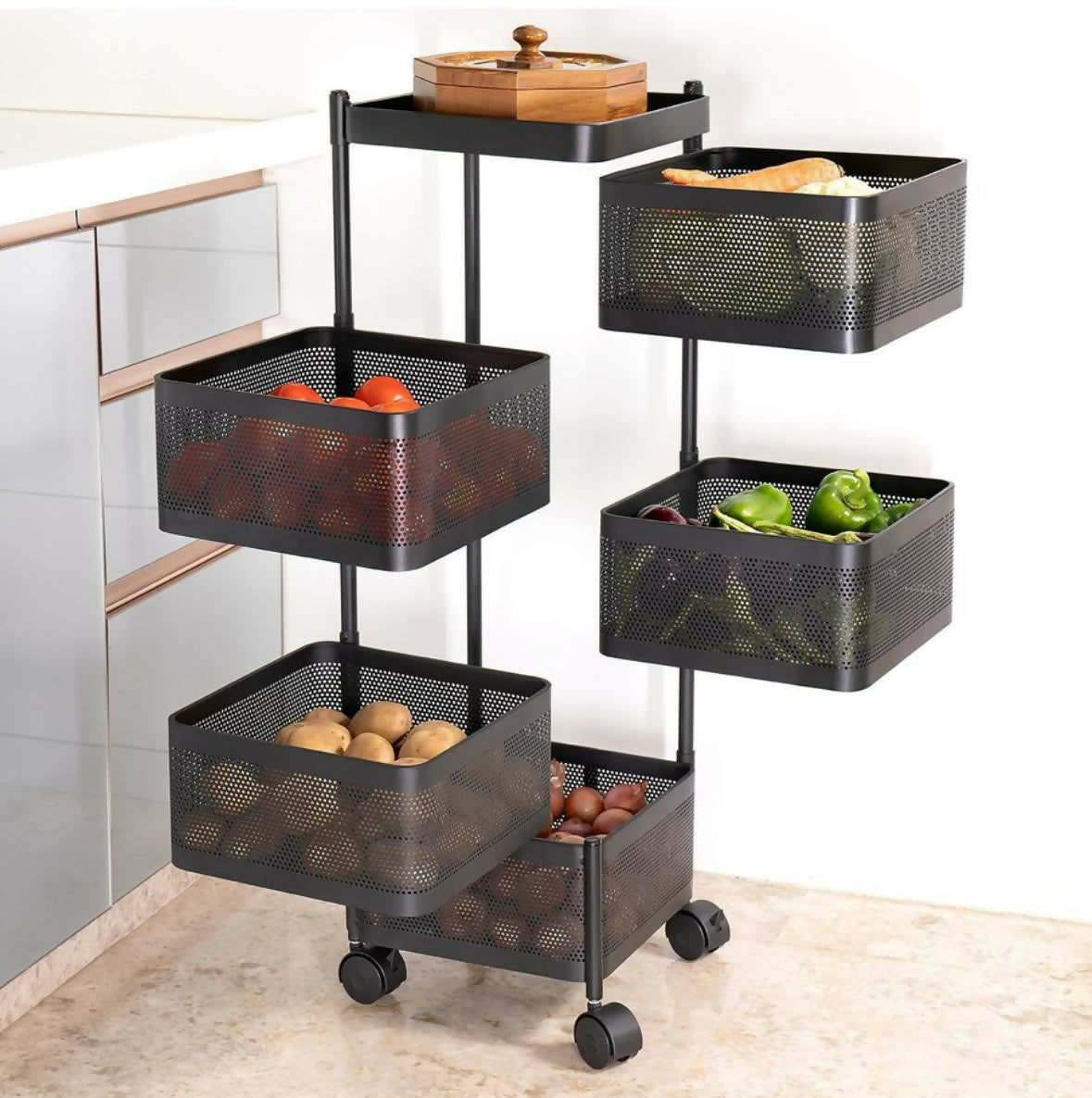 Square 5-Layer Stainless Steel Kitchen Trolley with Four Mesh Baskets & 360° Wheels