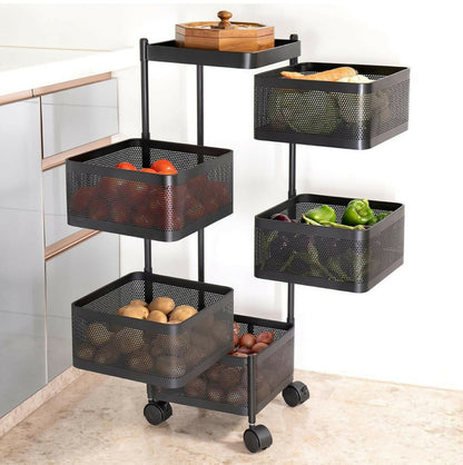 Square 5-Layer Stainless Steel Kitchen Trolley with Four Mesh Baskets & 360° Wheels