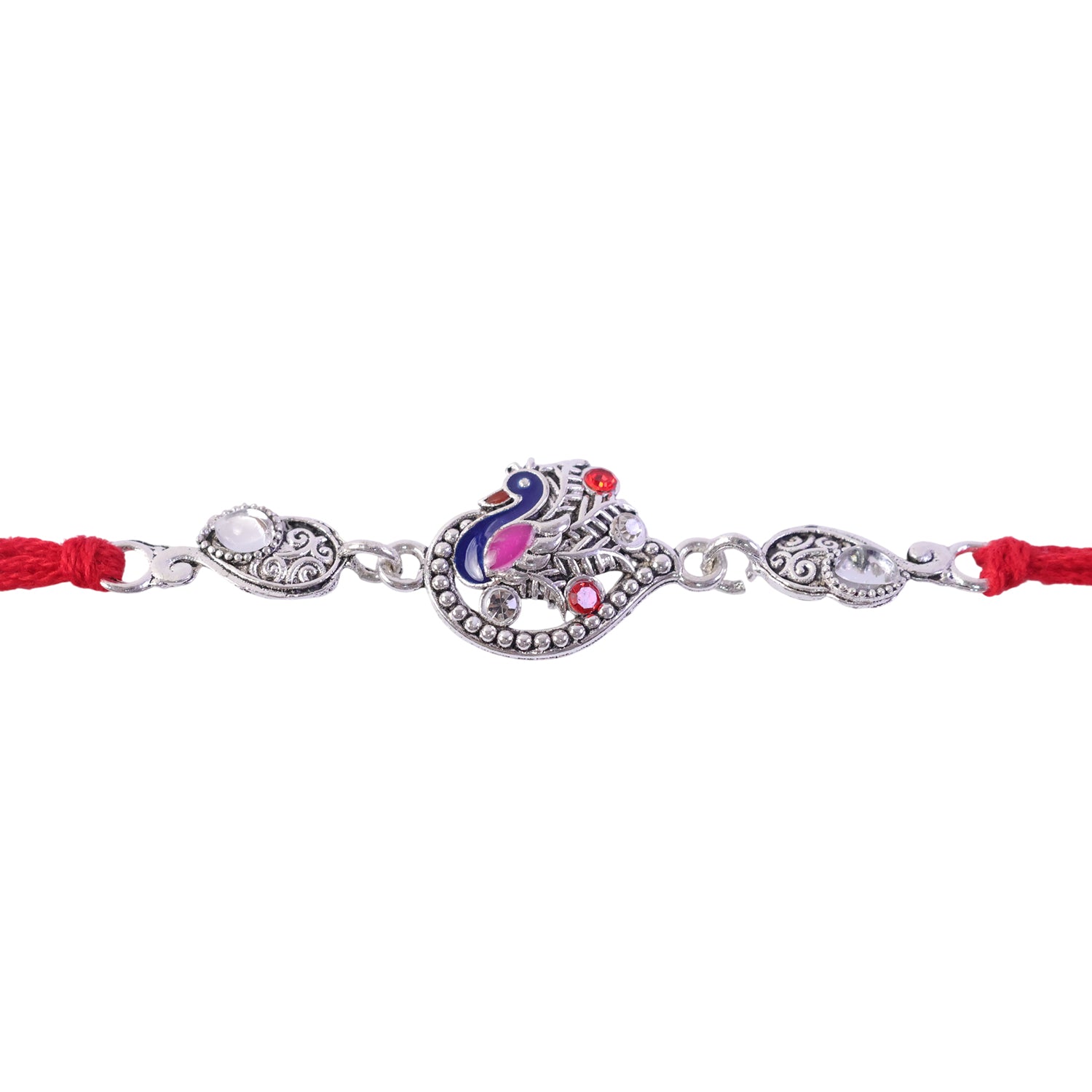 Silver-Toned Peacock Rakhi with Pink-Blue Enamel, Crystal Accents & Red Thread for Brother