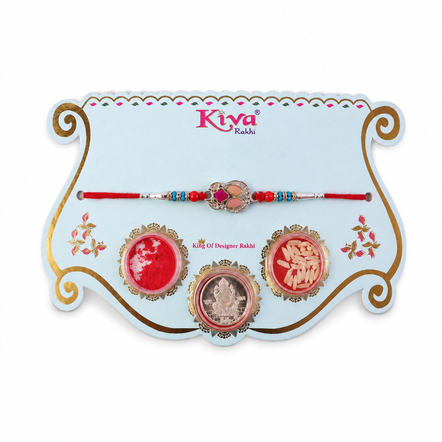 Oval Pink Stone Filigree Rakhi with Red Thread, Roli Chawal Coin and Gift Box Packing