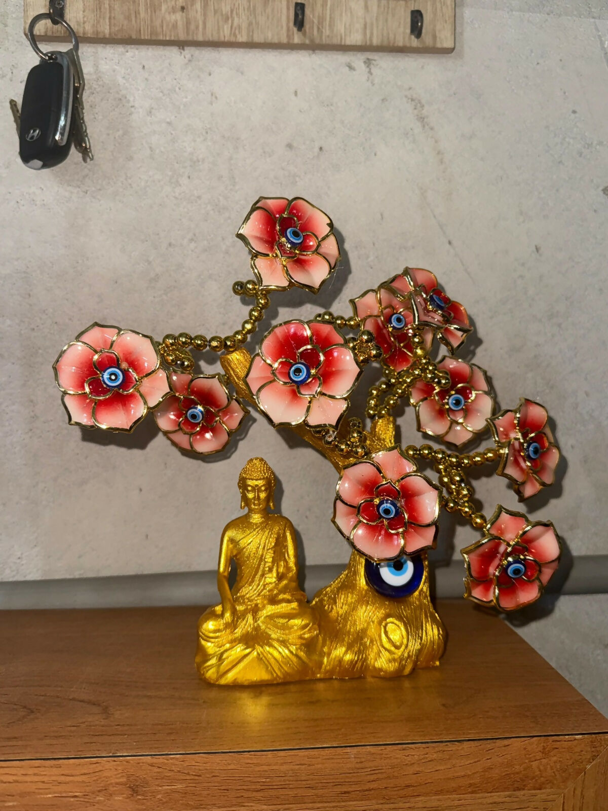 Red Buddha Tree Showpiece with Evil Eye & Floral Design for Home Decor