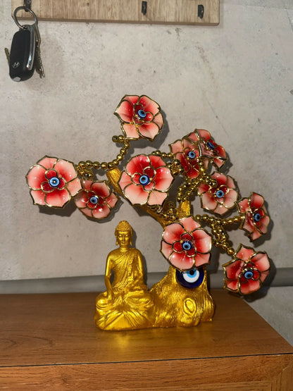 Red Buddha Tree Showpiece with Evil Eye & Floral Design for Home Decor
