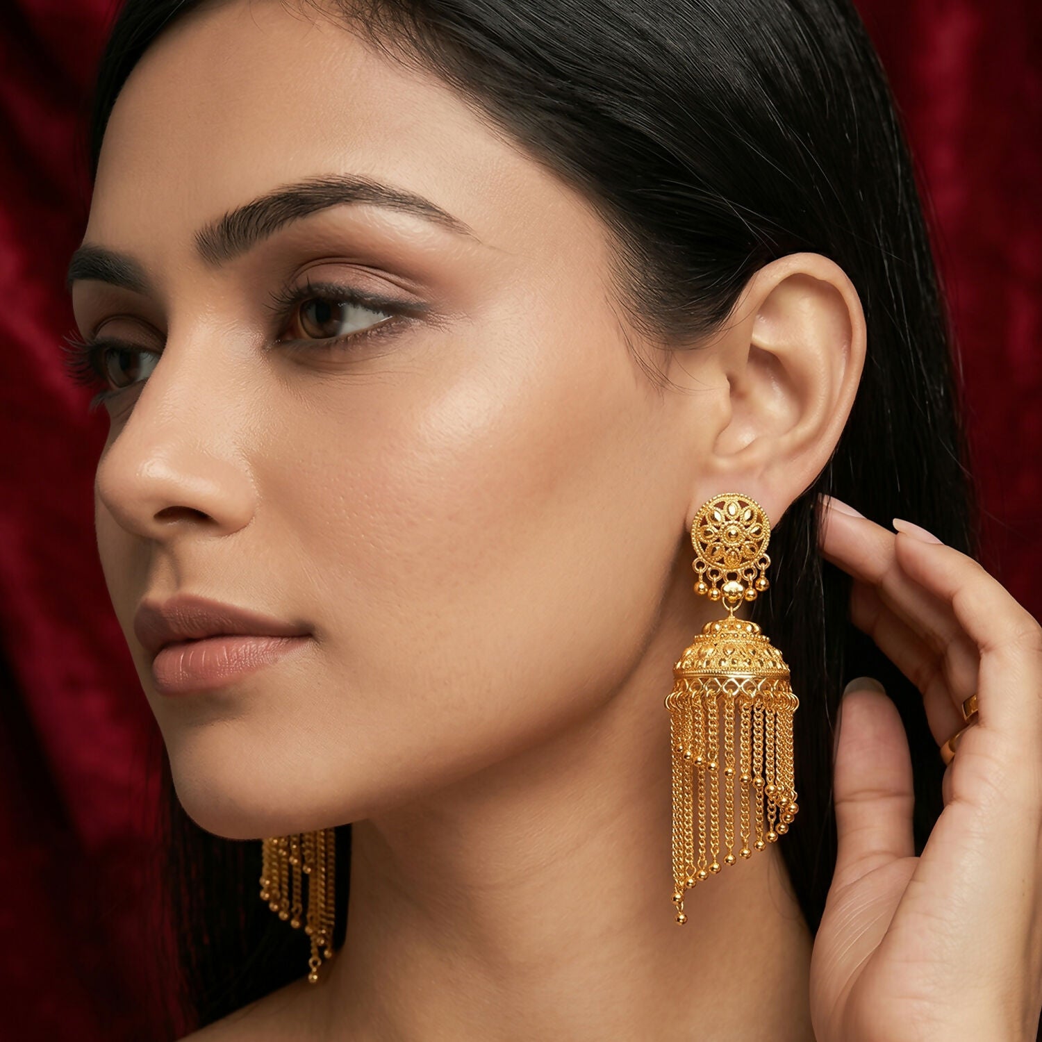 Golden Long Tassel Jhumka Earrings - Traditional Festive Jewellery