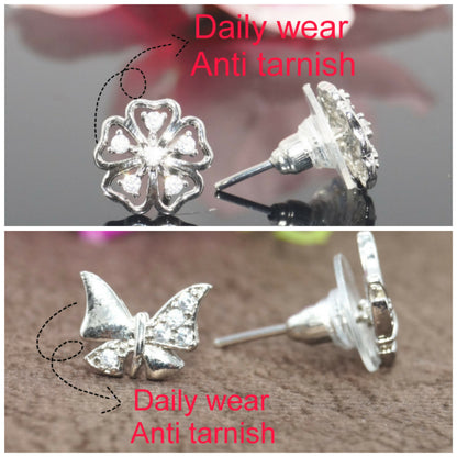 Close-up of silver-plated floral stud earring adorned with Cubic Zirconia stones