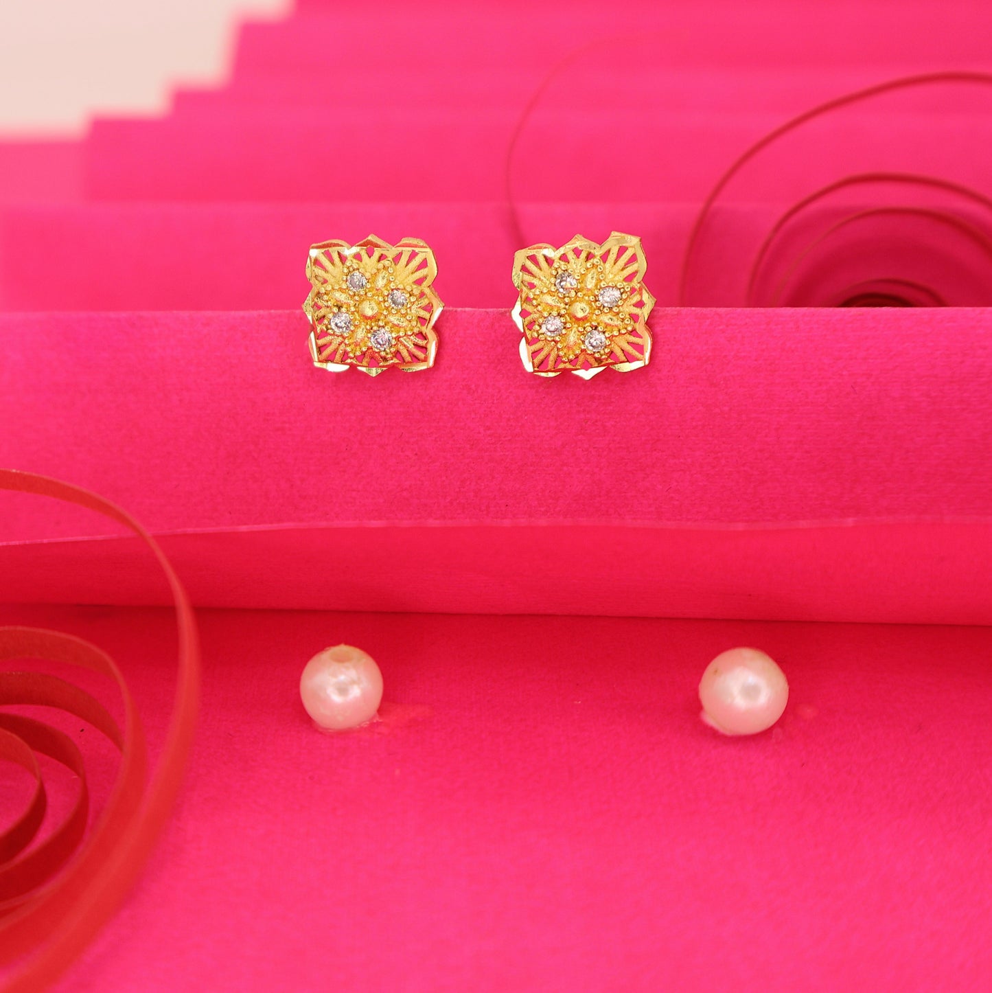 Gold Plated Square Filigree Stud Earrings with AD for women and girls