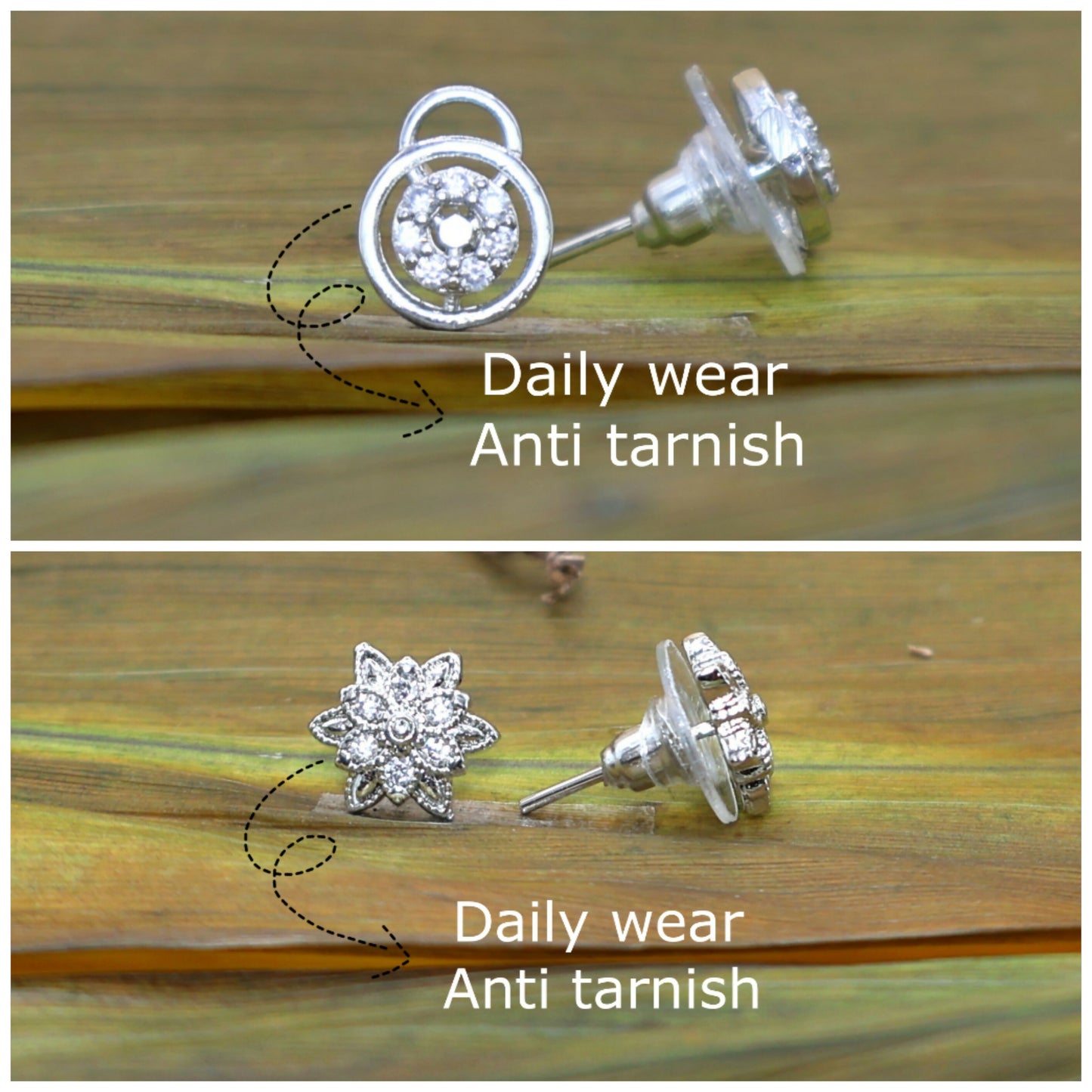 Close-up of silver-plated cubic zirconia floral stud earrings with star-shaped design