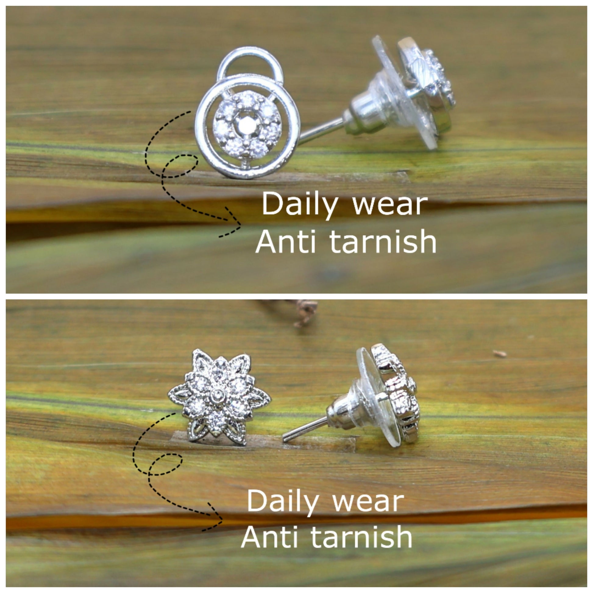 Close-up of silver-plated cubic zirconia floral stud earrings with star-shaped design