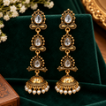 Women’s Antique Gold-Plated Long Jhumka Earrings with Teardrop Stones & Pearl Drops