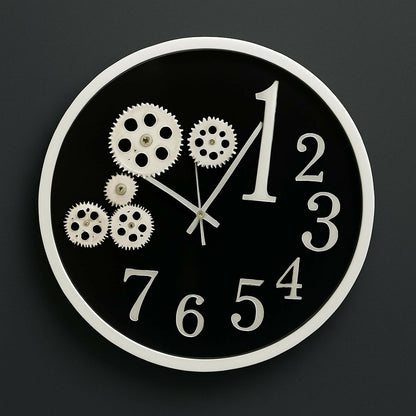 Modern Gear Design Wall Clock for Living Room, Bedroom & Office – Large Decorative Round Analog Clock with Unique Number Style & Black-White Contrast – Silent Quartz Movement, Home Wall Décor