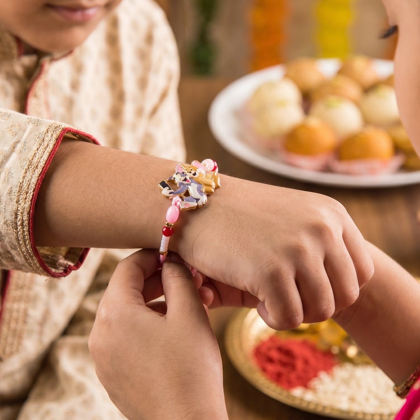 Cute Cartoon Cat and Mouse Selfie Kids Rakhi