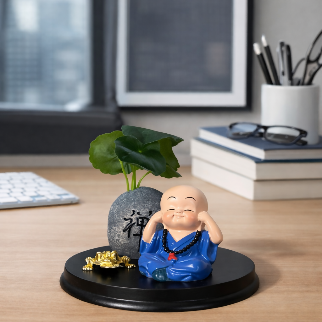 Zen Monk Showpiece with Lucky Money Frog & Mini Planter — Home & Office Decor(ANY COLOR)