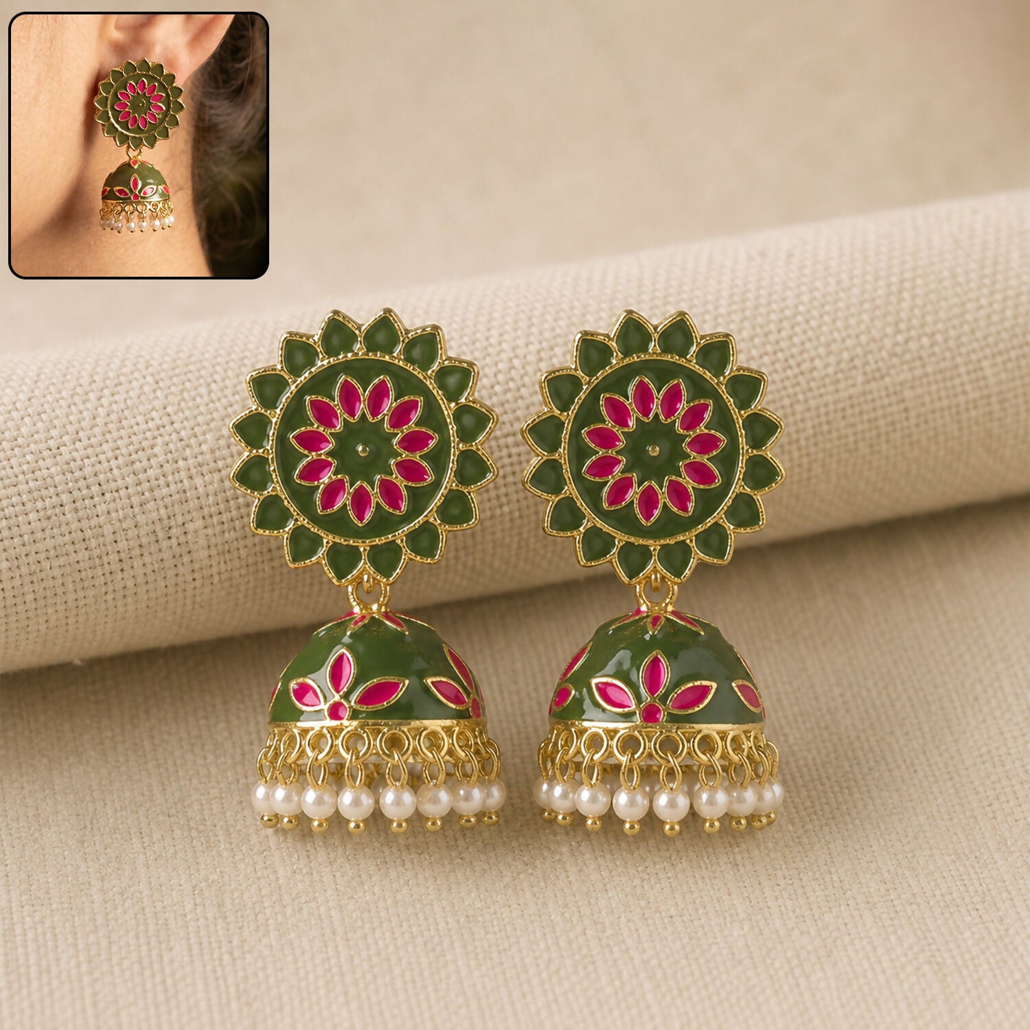 Mahnedi Pink Floral Enamel Jhumka Earrings with Pearl Drops