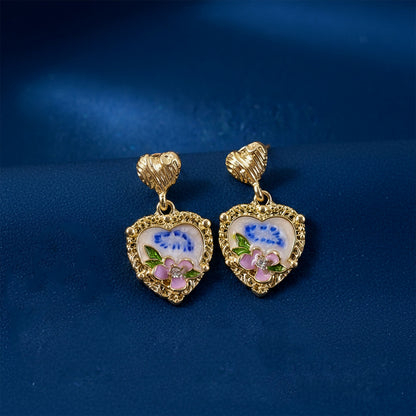 Premium Korean Style Heart Floral Drop Earrings for Women | Gold Plated Pearl & Crystal Fashion Earrings