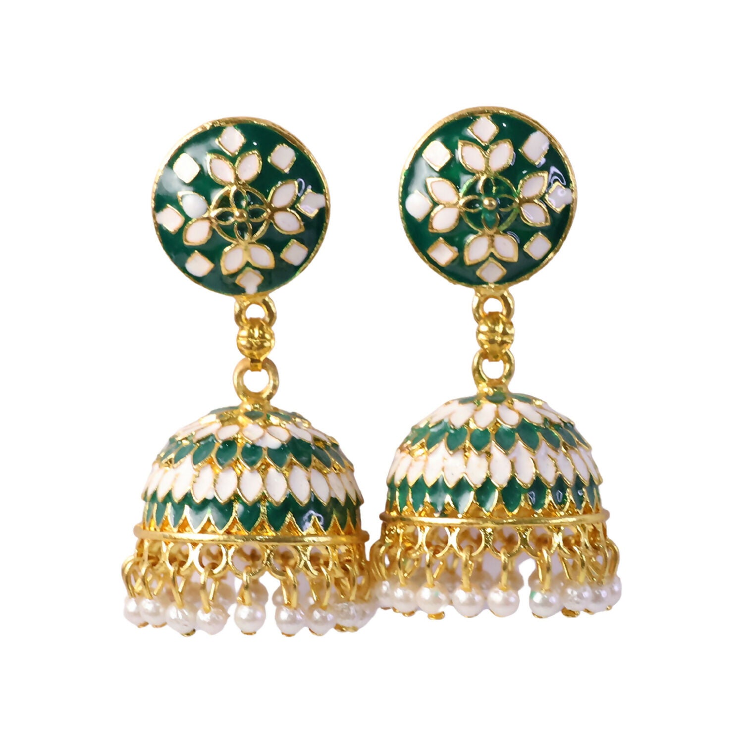Close-up of green jhumka earrings pearl drops
