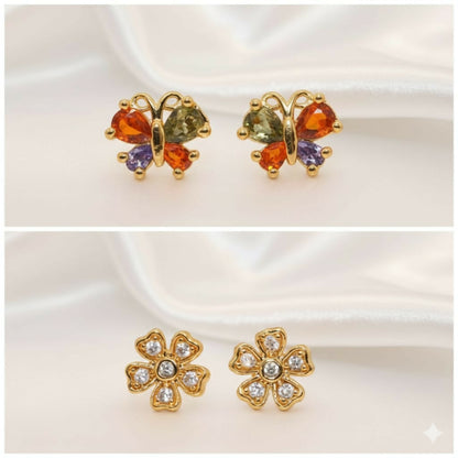 Gold-Plated AD Flower & Colorful Butterfly Stud Earrings Set for women & girls Combo Pack of 2