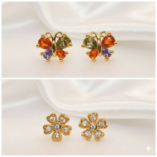 Gold-Plated AD Flower & Colorful Butterfly Stud Earrings Set for women & girls Combo Pack of 2