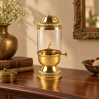 Akhand Diya Brass Lamp with Glass Chimney for Pooja Mandir Daily Aarti Decor Use