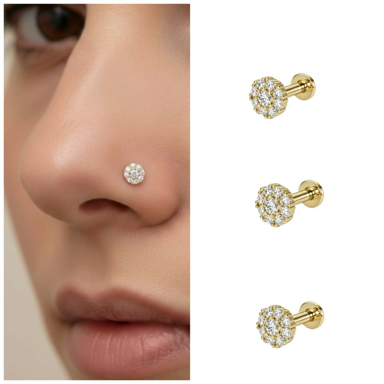 Close-up of gold plated floral cluster nose stud featuring cubic zirconia stones