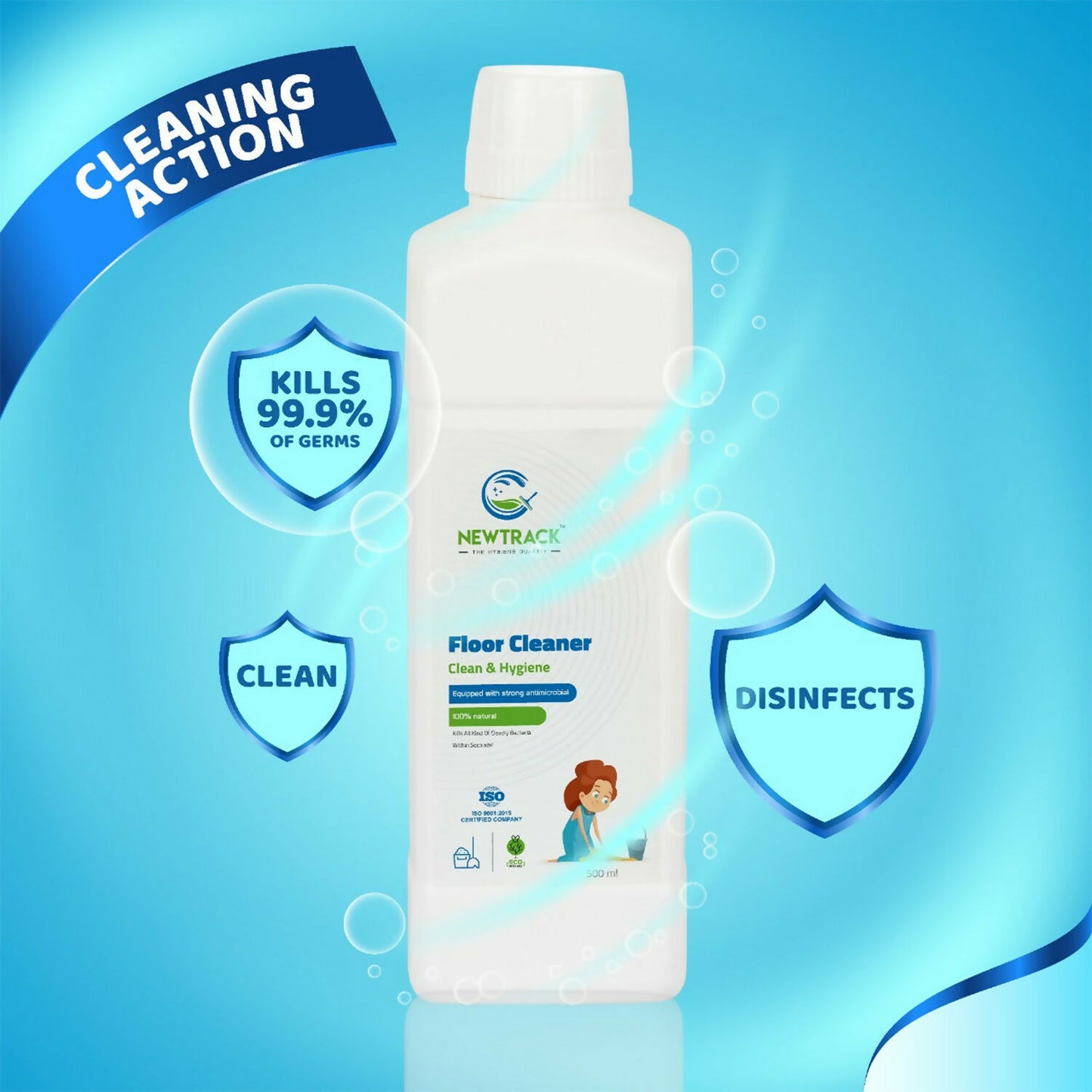 Floor cleaner liquid bottle placed on clean floor surface