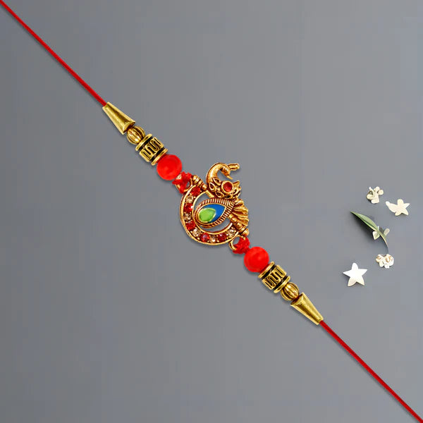 Elegant stone studded rakhi featuring a sophisticated design and comfortable thread.