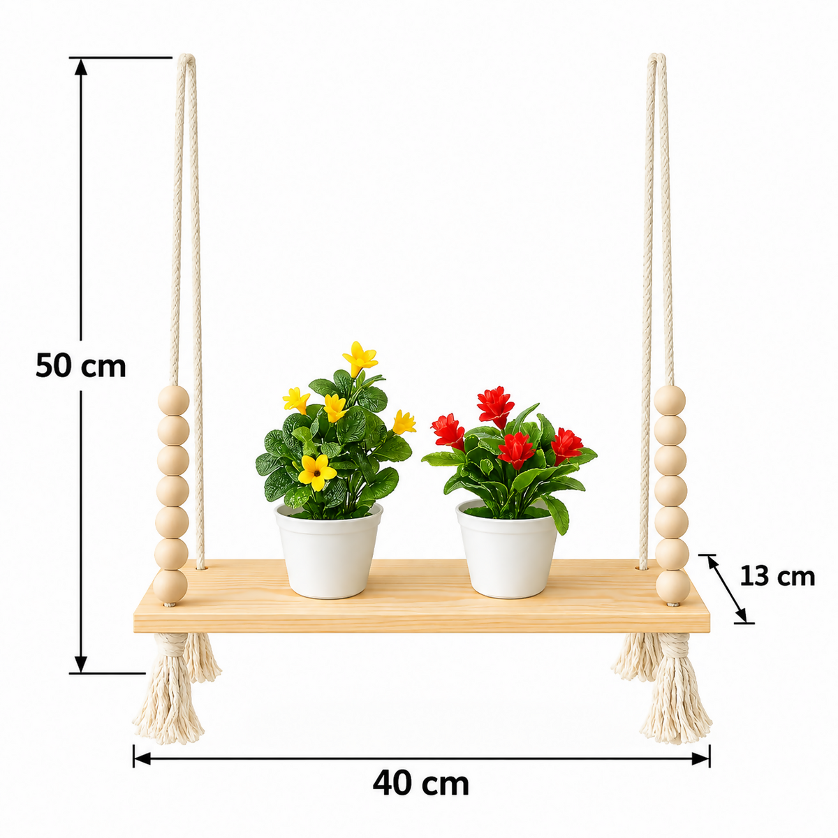 Wooden hanging shelf with two potted plants, beads, and tassels, displaying dimensions of 50x40x13 cm.