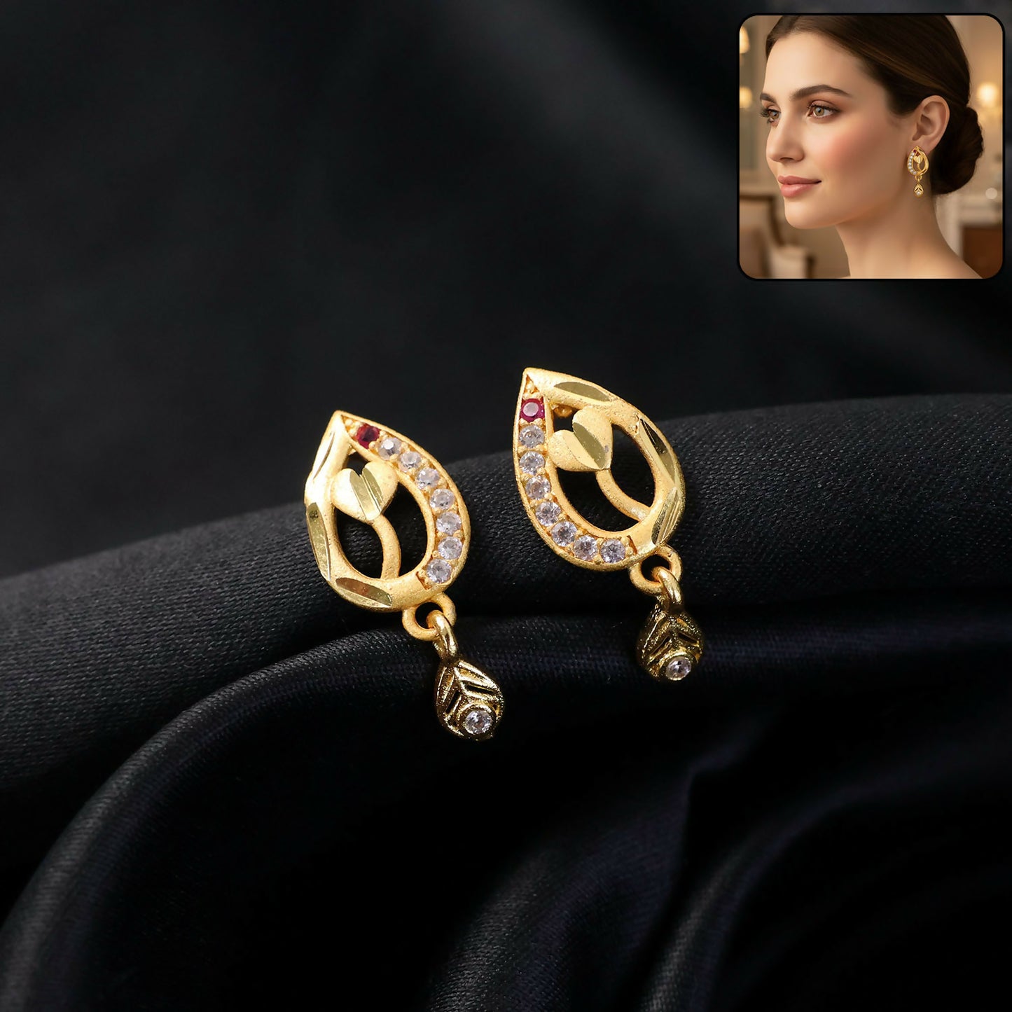 Ruby Blossom Teardrop Leaf Drop Gold and Stone Earrings