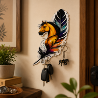Horse Feather Design Wooden Key Holder Colourful Wall Mounted Key Hanging Art Stand