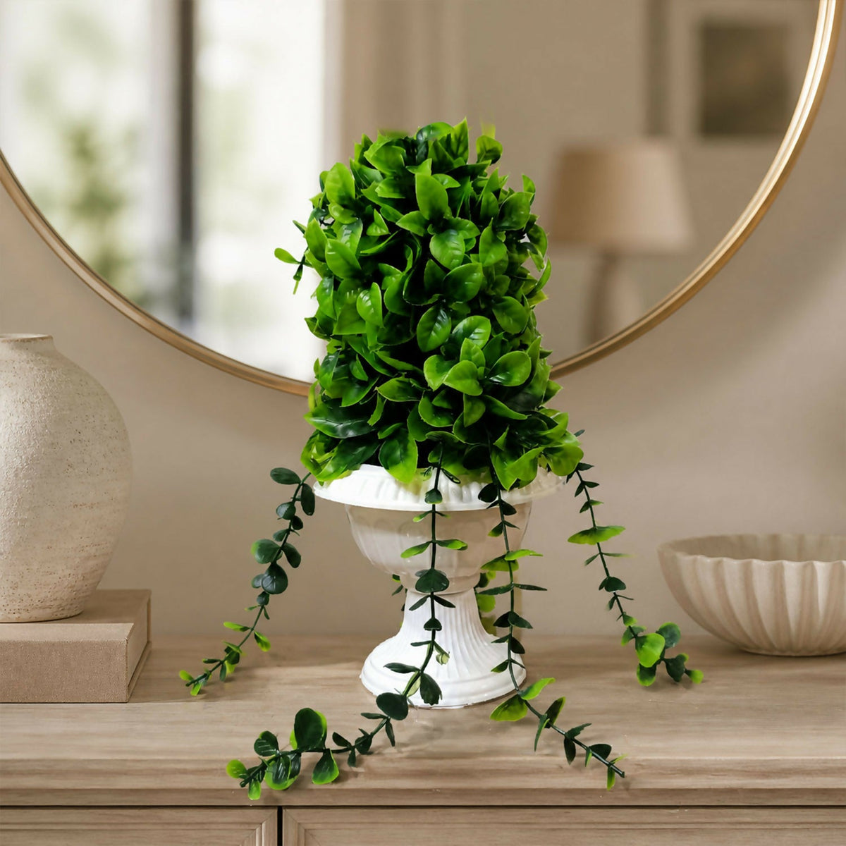 Artificial Hanging Green Leaf Plant Decorative White Pot Home Office Table Centerpiece