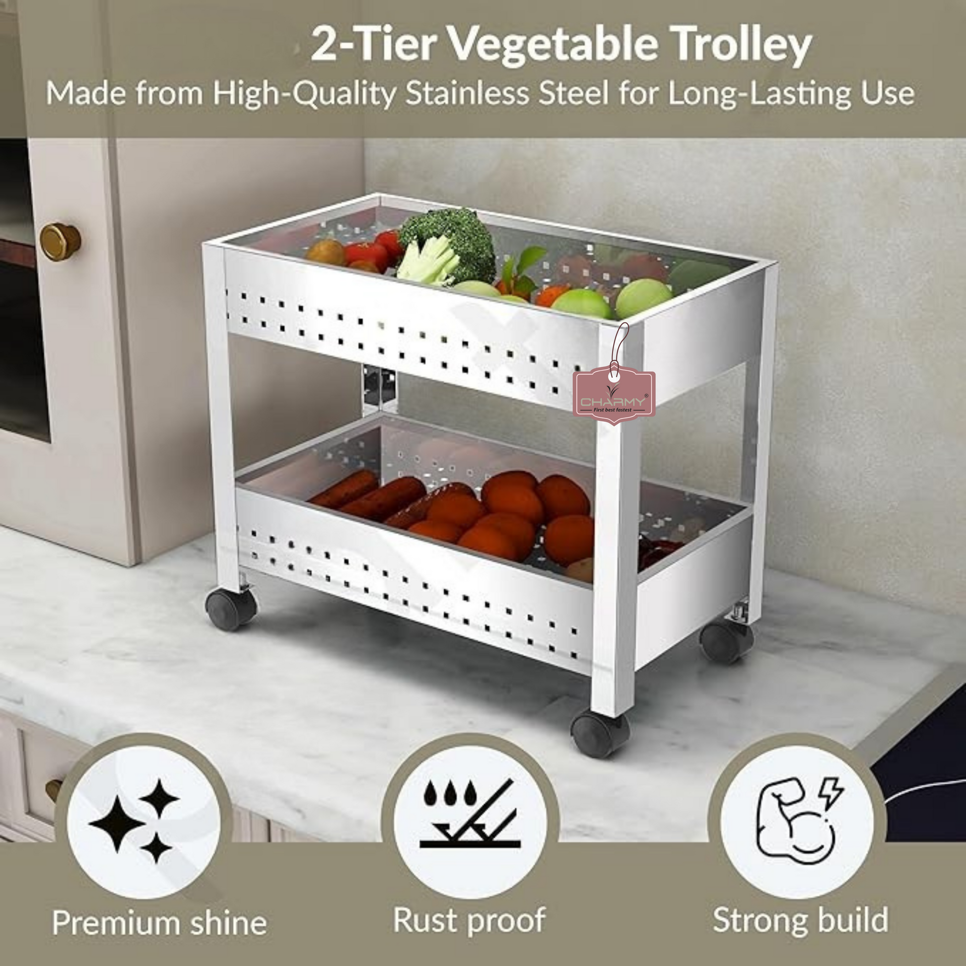 Stainless Steel 2-Tier Vegetable Storage Trolley Silver