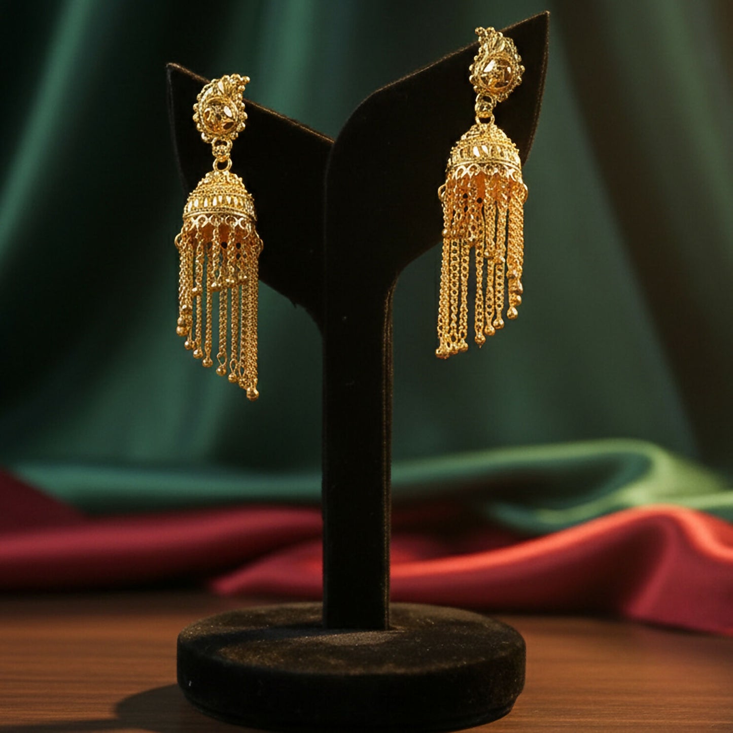 Side view of gold long chain tassel jhumka earrings