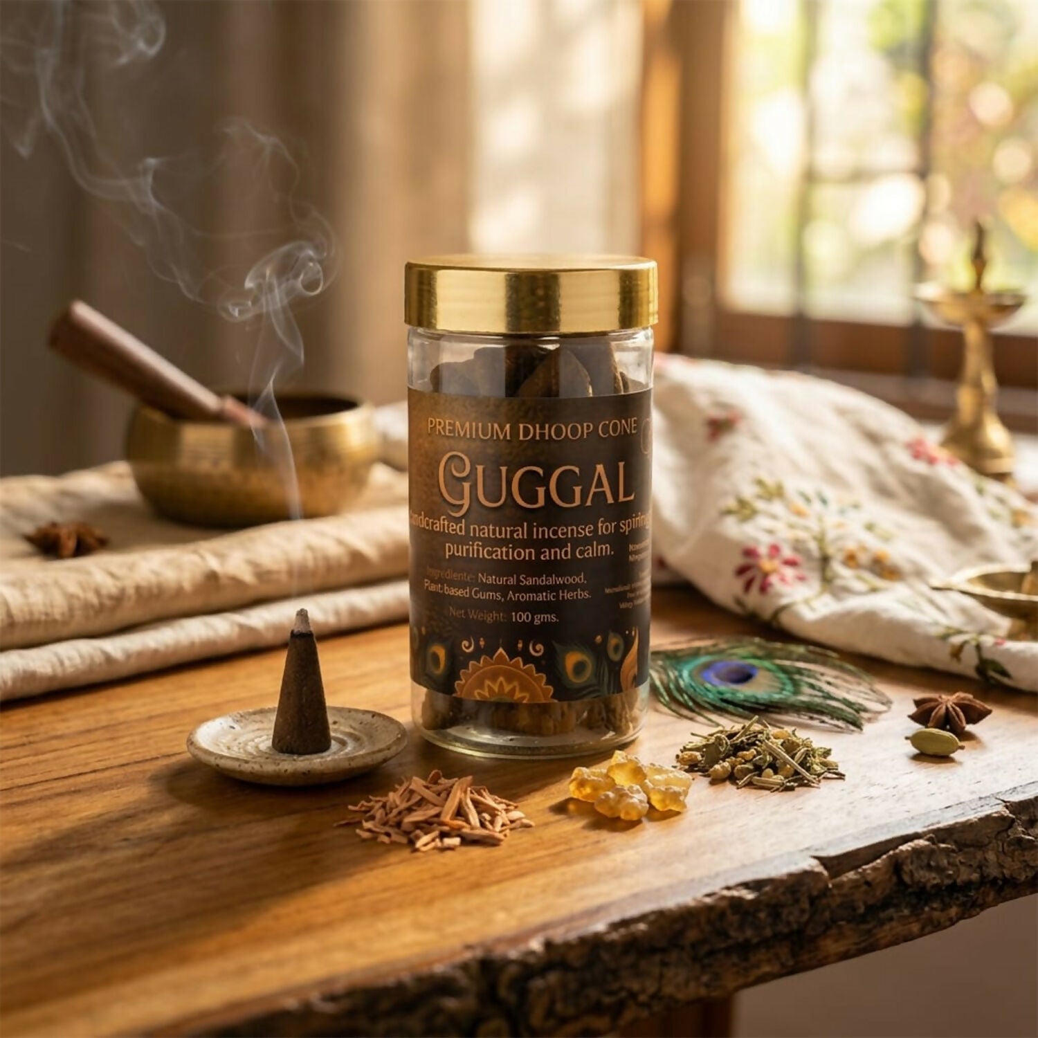 Close up of burning Guggal Dhoop Cone releasing fragrance smoke