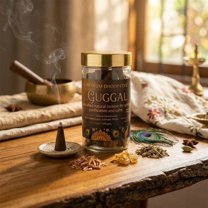 Close up of burning Guggal Dhoop Cone releasing fragrance smoke