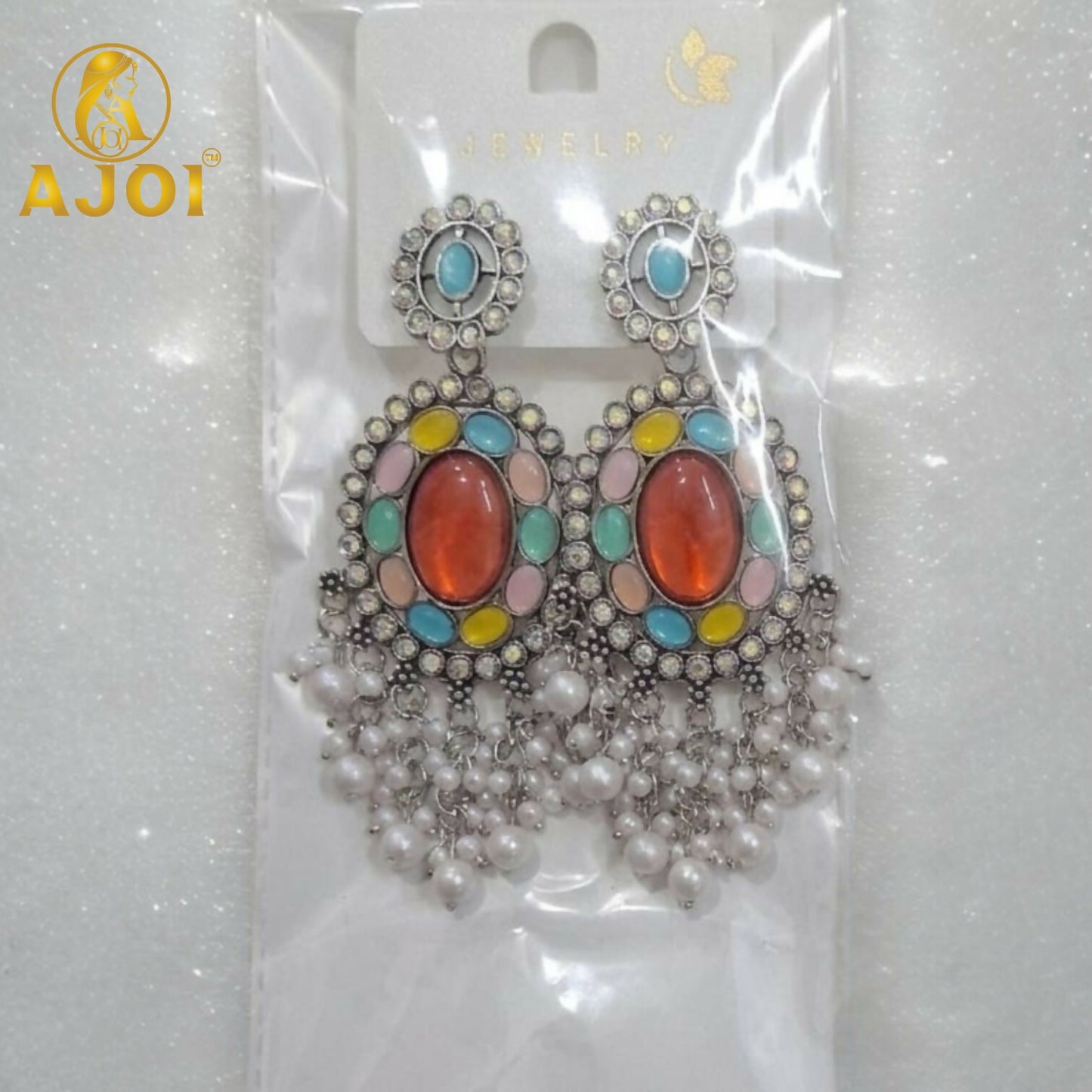 Oxidized Oval Earrings with Multicolor Stones & Pearl Tassel Drops