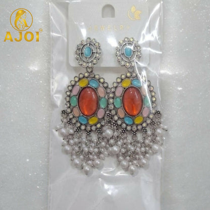 Oxidized Oval Earrings with Multicolor Stones & Pearl Tassel Drops