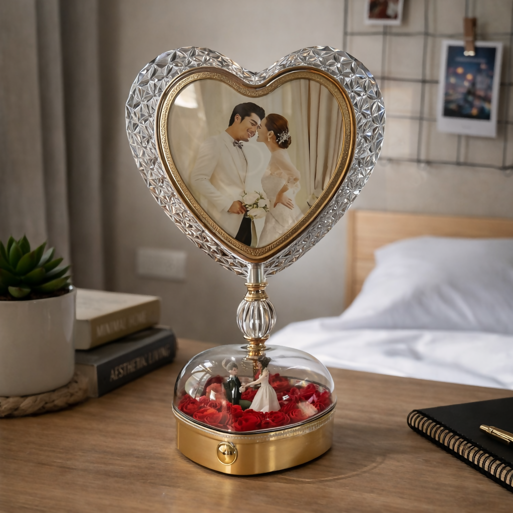 Heart Shape LED Photo Frame Lamp with Rose Dome Base Light