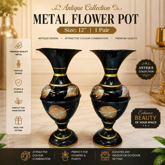 12-inch Antique Metal Flower Pot in Wine-Red with Gold Leaf Design