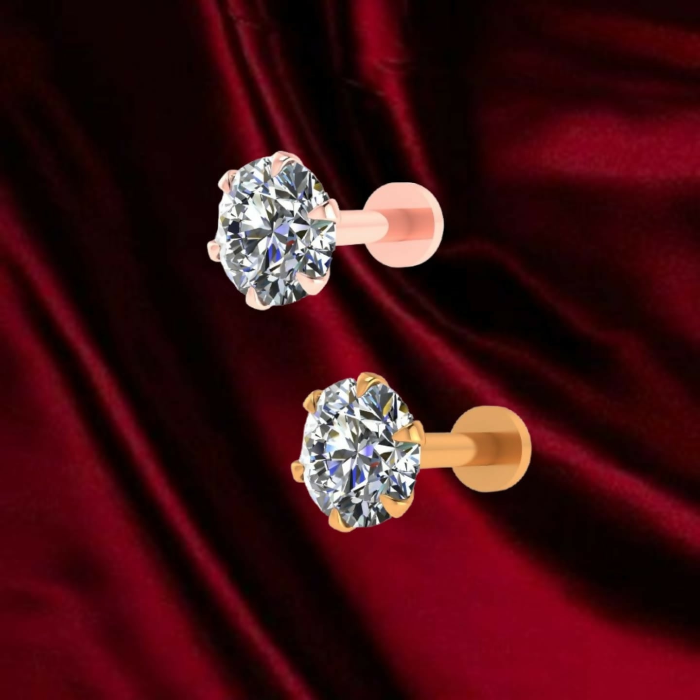 Close-up of yellow gold plated nosepin stud with sparkling AD stone and secure prong setting