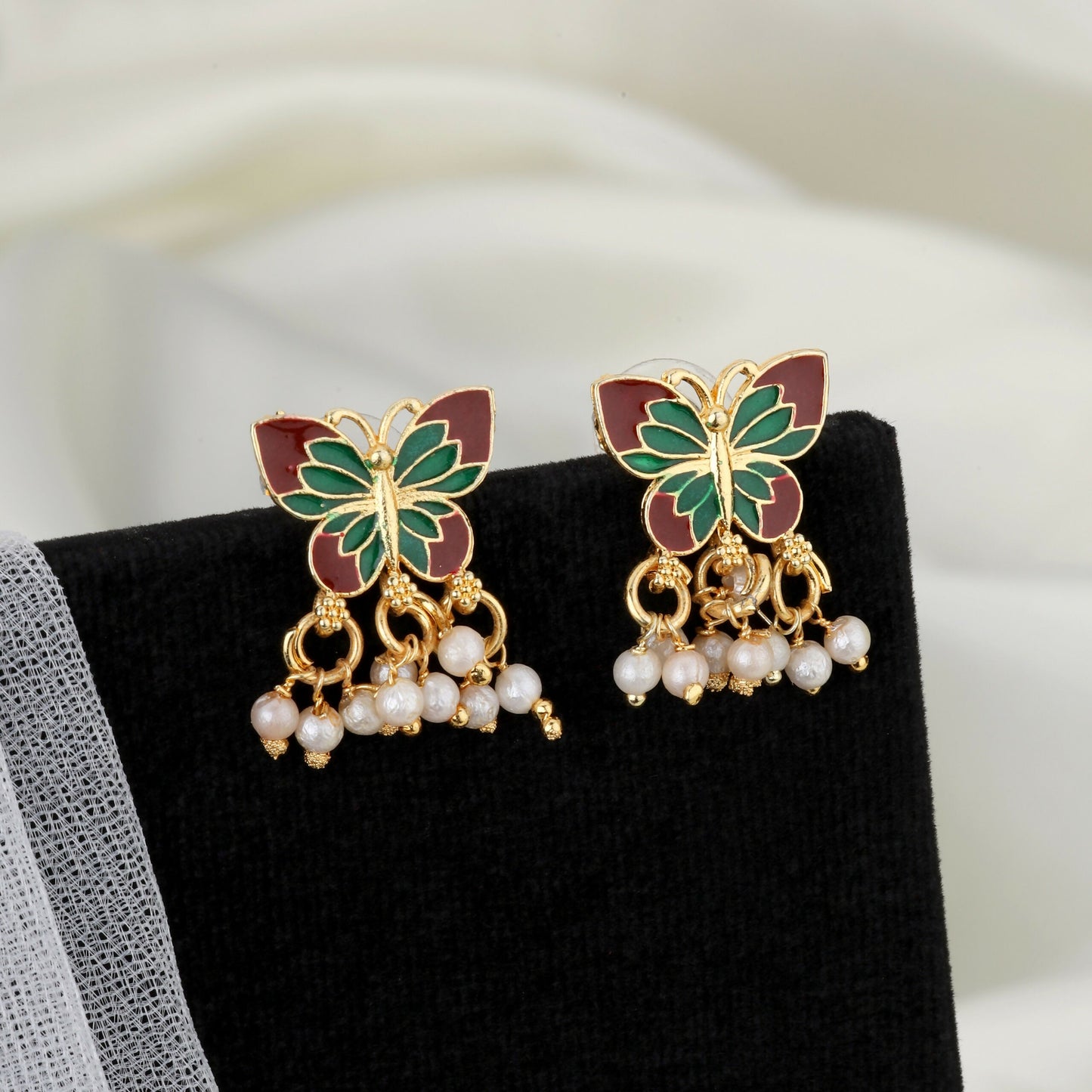 Gold-Plated Maroon & Green Enamel Butterfly Necklace Set with Pearl Drops