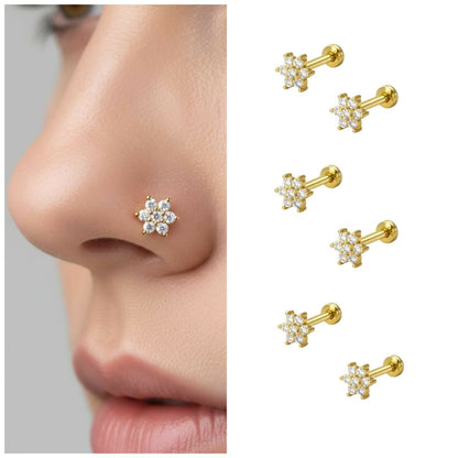 Gold plated crystal flower labret piercing with six-petal cubic zirconia flower design