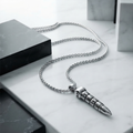 Silver Bullet Pendant Necklace for Men with Skull Engraving and Box Chain Neckpiece