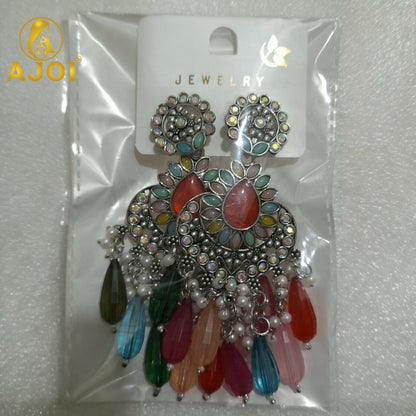 Oxidized Teardrop Earrings with Multicolor Beads & Pearl Tassel Drops
