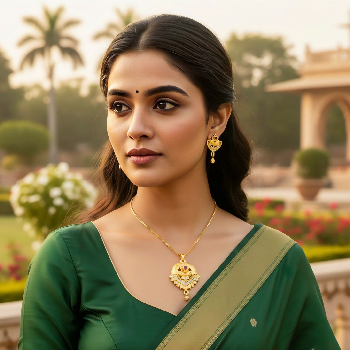 Royal Bloom Jewelry Set: Gold-Tone Floral Filigree Pendant & Matching Drop Earrings