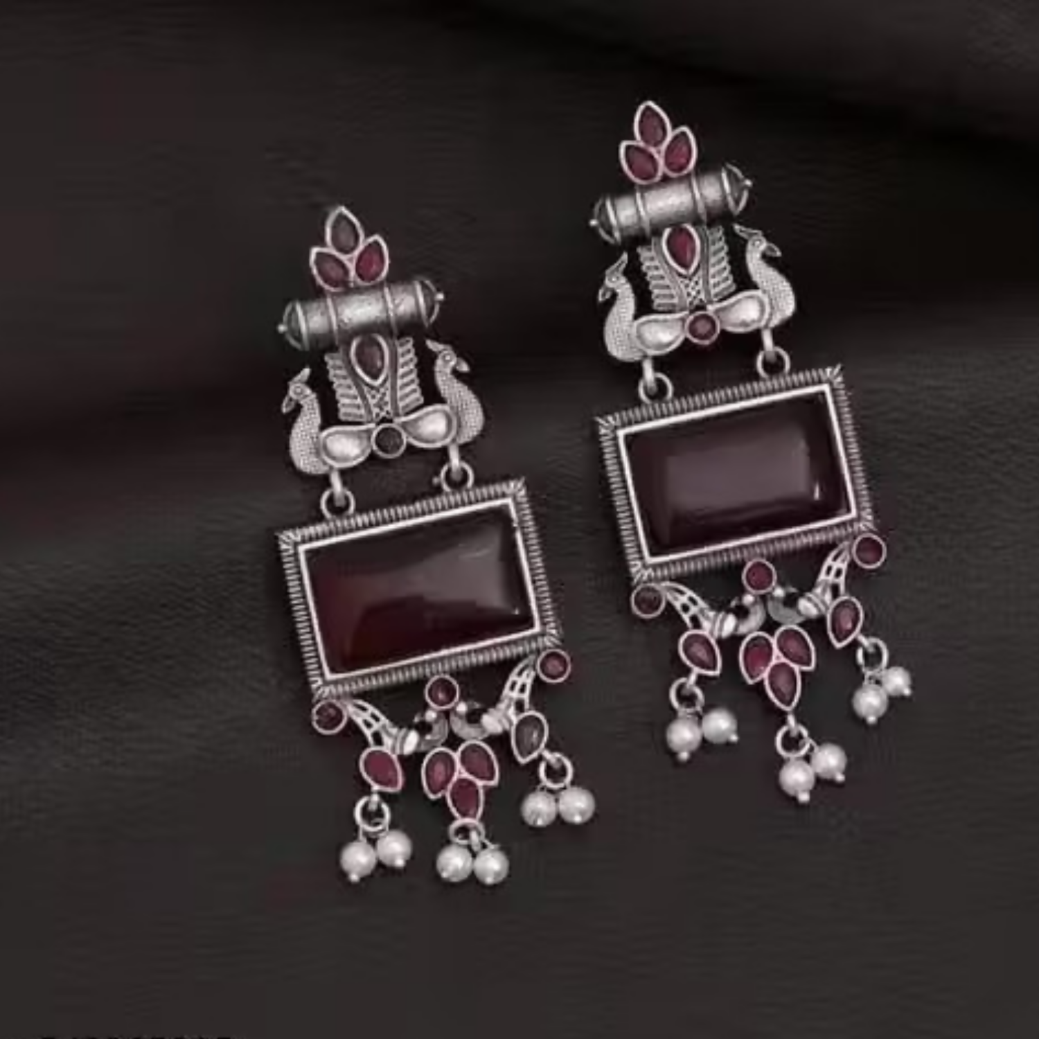Traditional Oxidized Silver Maroon Stone Pearl Drop Earrings