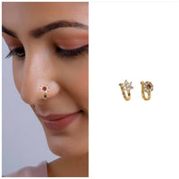 CZ Flower & Line Non-Piercing Nose Ring/Nath Combo Set Combo Pack of 2